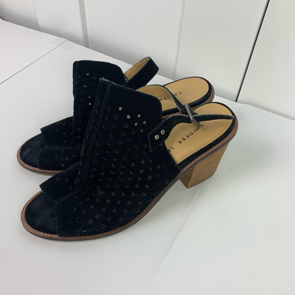 Chinese Laundry 10 Black Carnival Open Toe Ankle Booties Perforated Suede - Picture 3 of 7